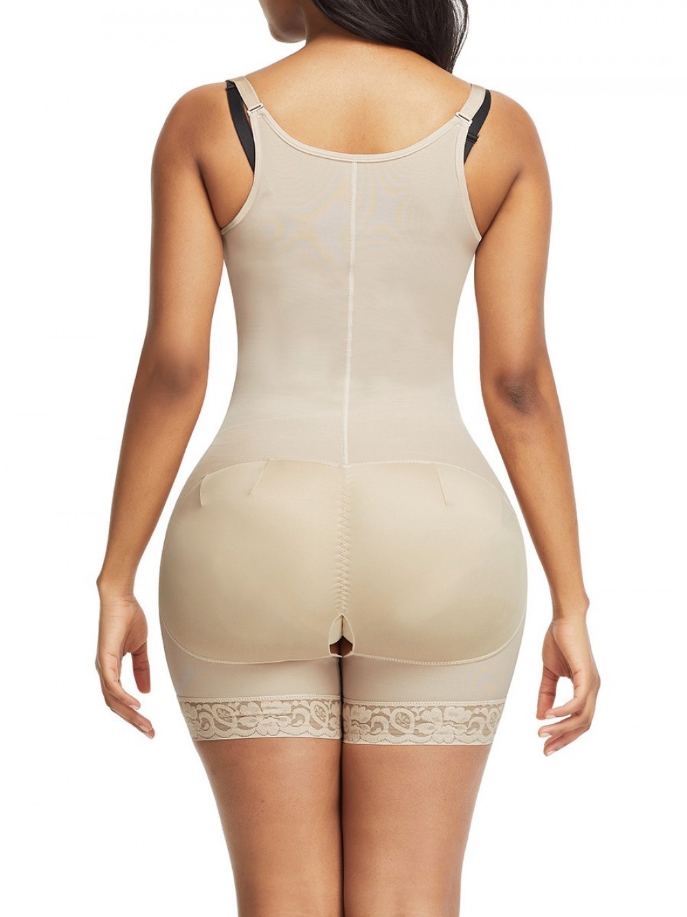 Skin Color Front Zipper Hook Lace Trim Shapewear With Straps