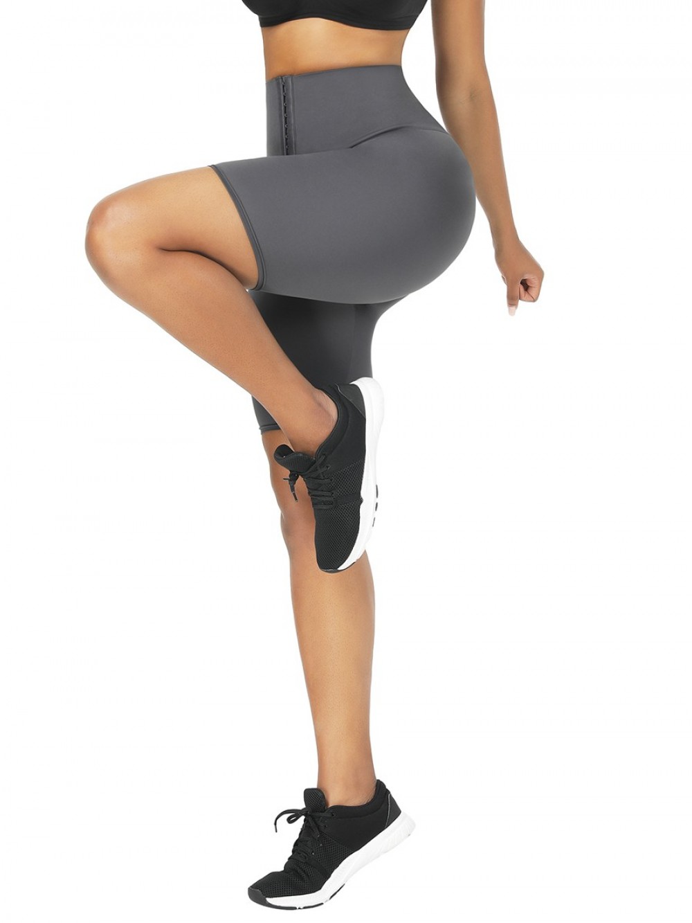 Gray 2-In-1 Tummy Control Waist Trainer Shorts Mid-Thigh Workout