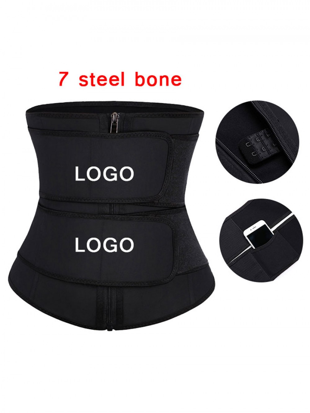Black Latex Double Belt Plus Size Waist Trainer With Pocket