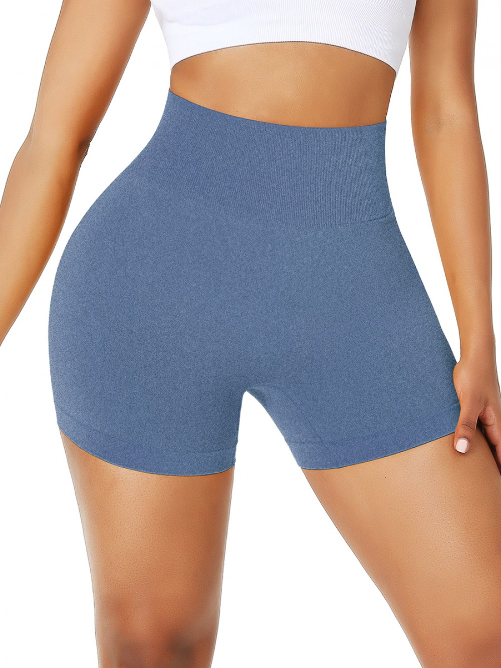 Svelte Style Blue Solid Color Sports Shorts Thigh Length For Women