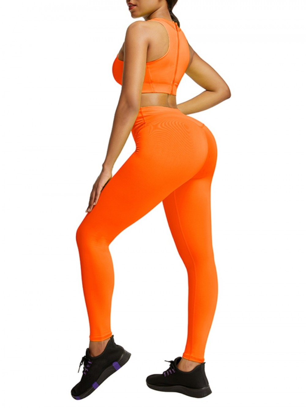 Stretchable Orange Cropped Sleeveless Back Zip Yoga Suit For Women