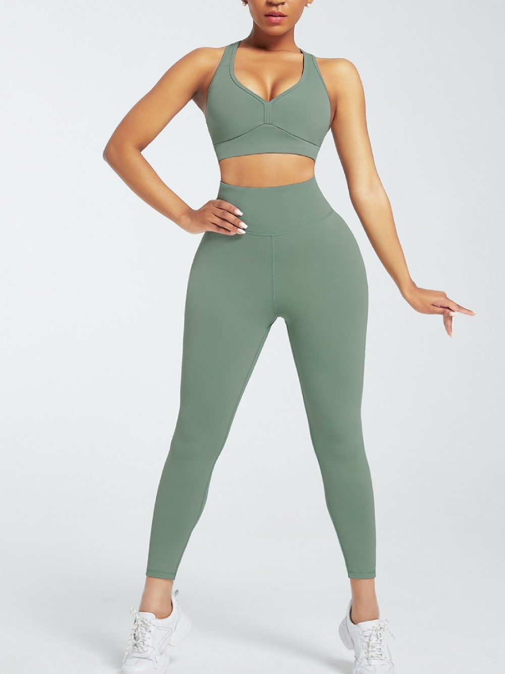 Green Deep-V Ankle Length Gym Leggings And Top Set Workout Activewear
