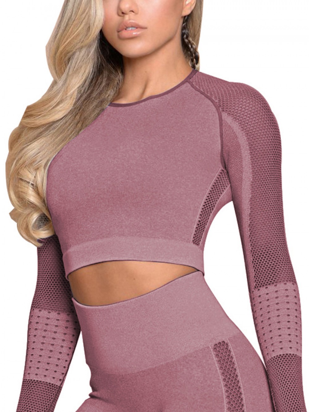 Sensual Silhouette Wine Red Mesh Patchwork Yoga Top Crew Neck For Ladies