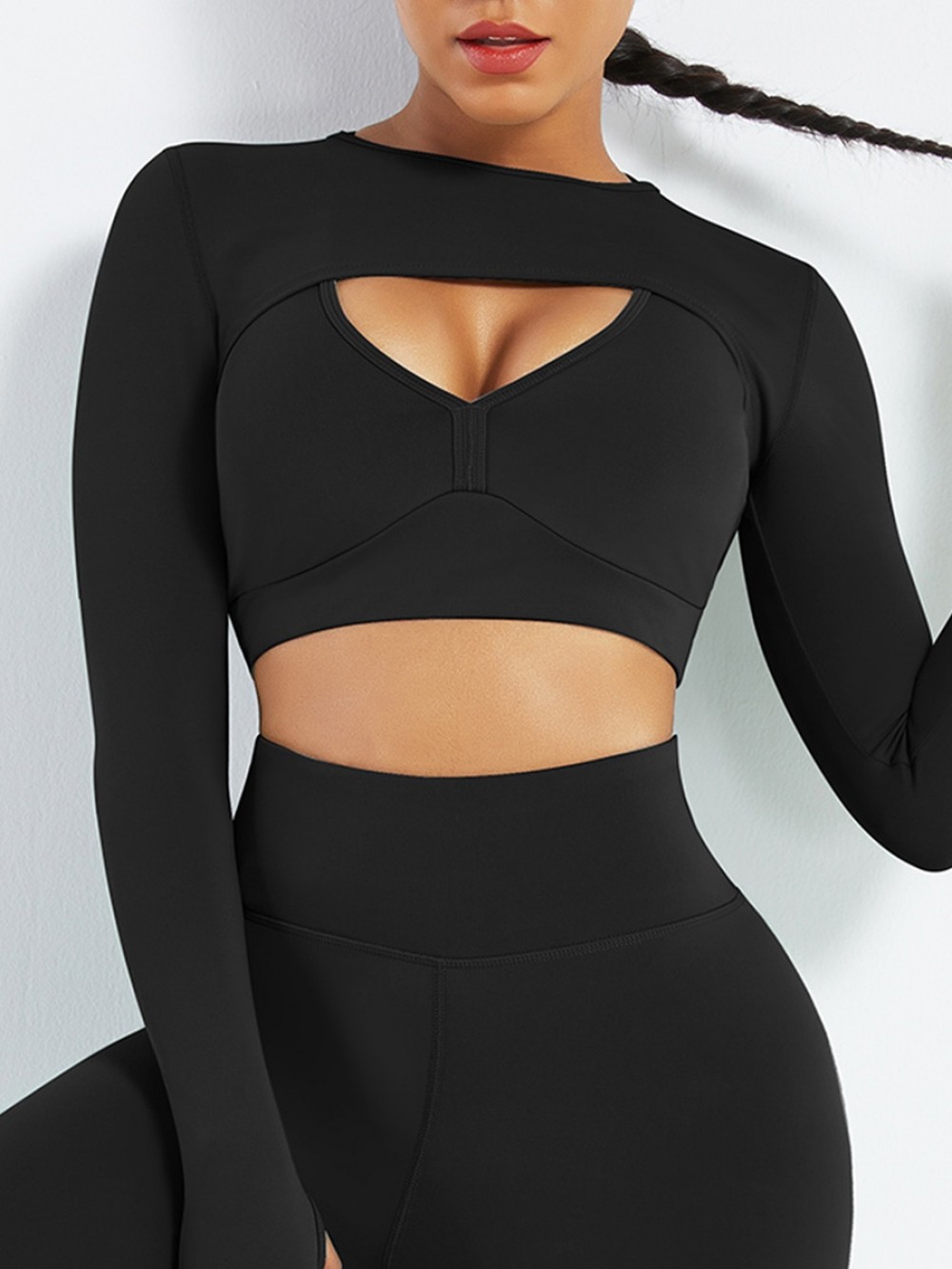 Black Round Collar Long Sleeve Crop Top Running Outfits