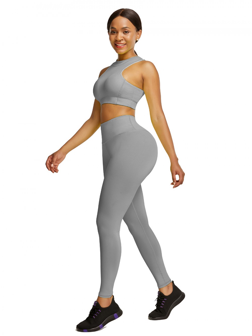 Gray High Waist Yogawear Set Crop Sleeveless Athletic Comfort