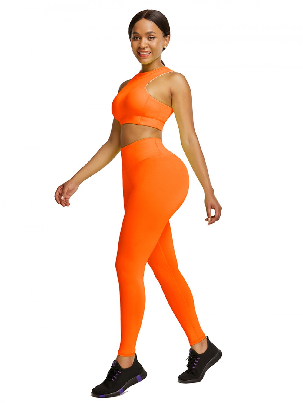 Stretchable Orange Cropped Sleeveless Back Zip Yoga Suit For Women
