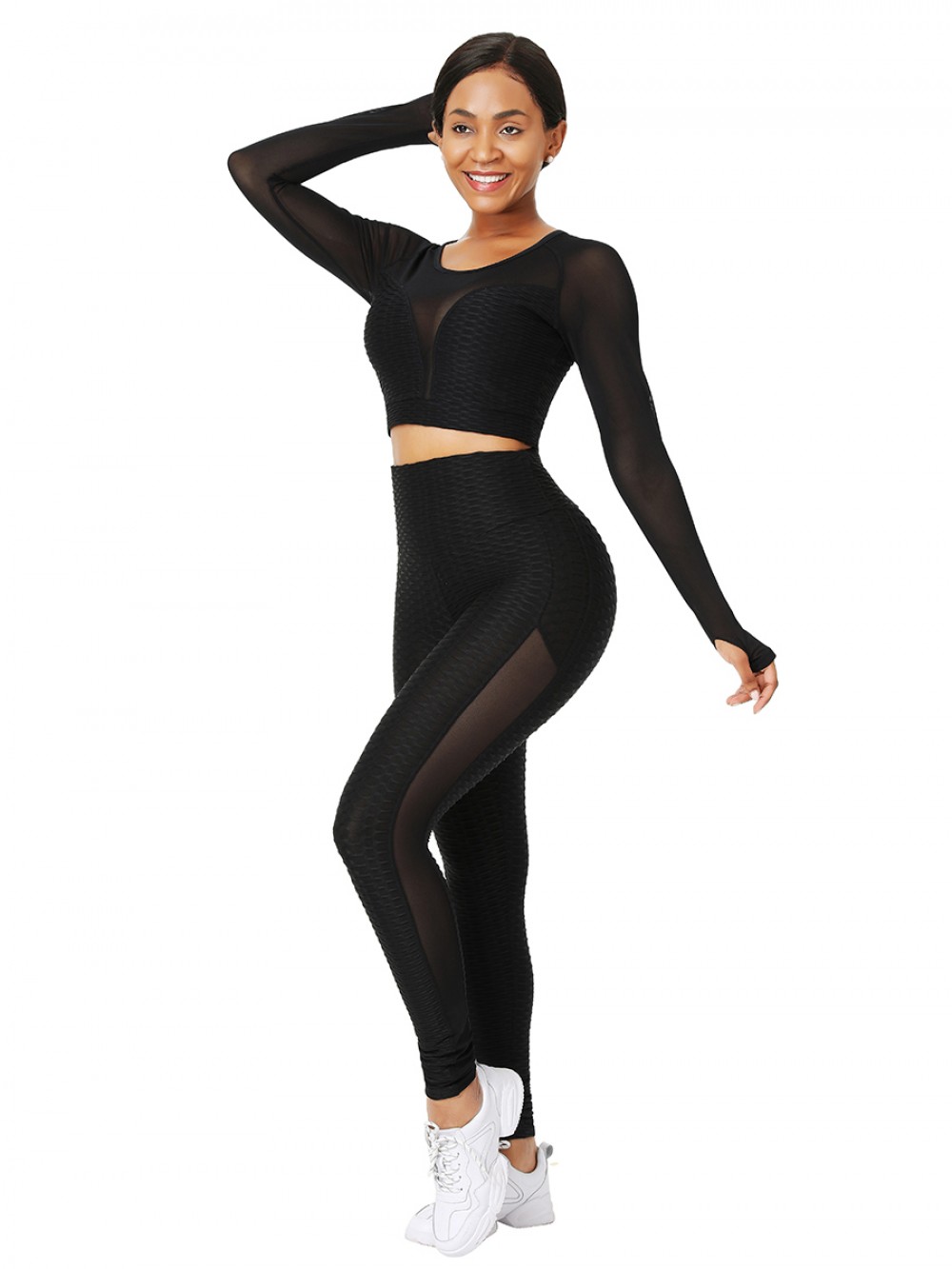 Black Mesh Splice Yogawear With Thumb Holes Stretchy Fabric