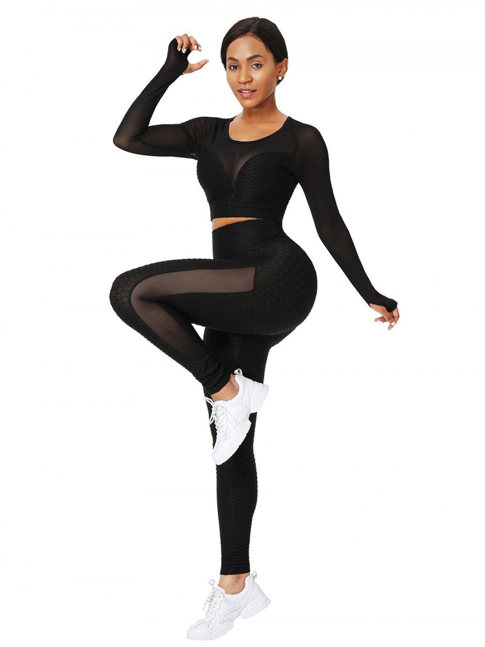 Black Mesh Splice Yogawear With Thumb Holes Stretchy Fabric