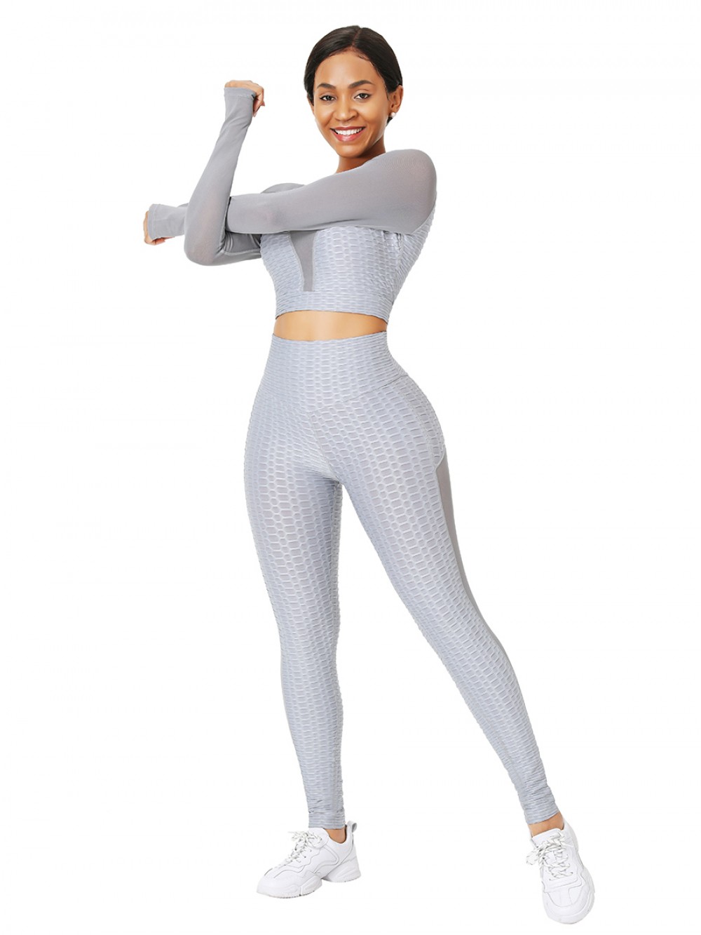 Gray Full-Length Jacquard Mesh Yoga Suit Sweat Absorption