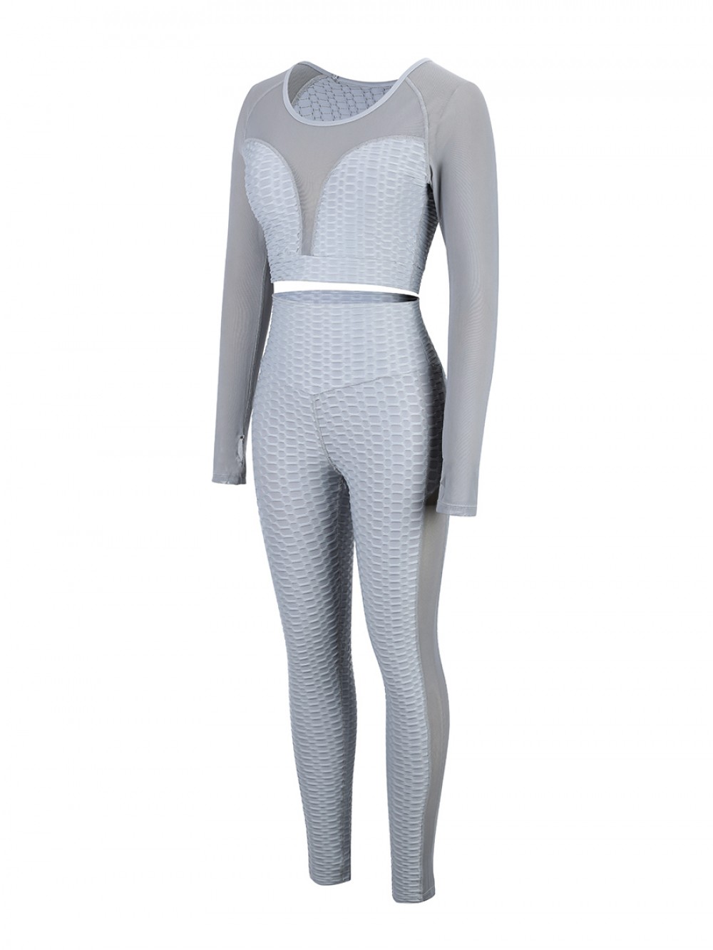 Gray Full-Length Jacquard Mesh Yoga Suit Sweat Absorption