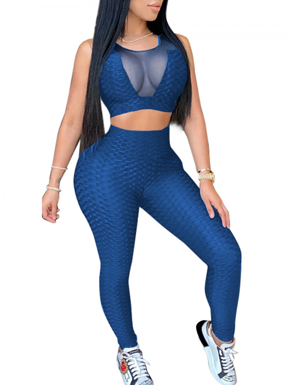 Blue Ankle Length High Rise Sports Suit Stretchy Fabric