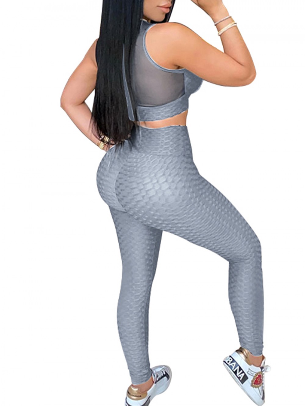 Gray Sheer Mesh Suit Wide Waistband Young Style