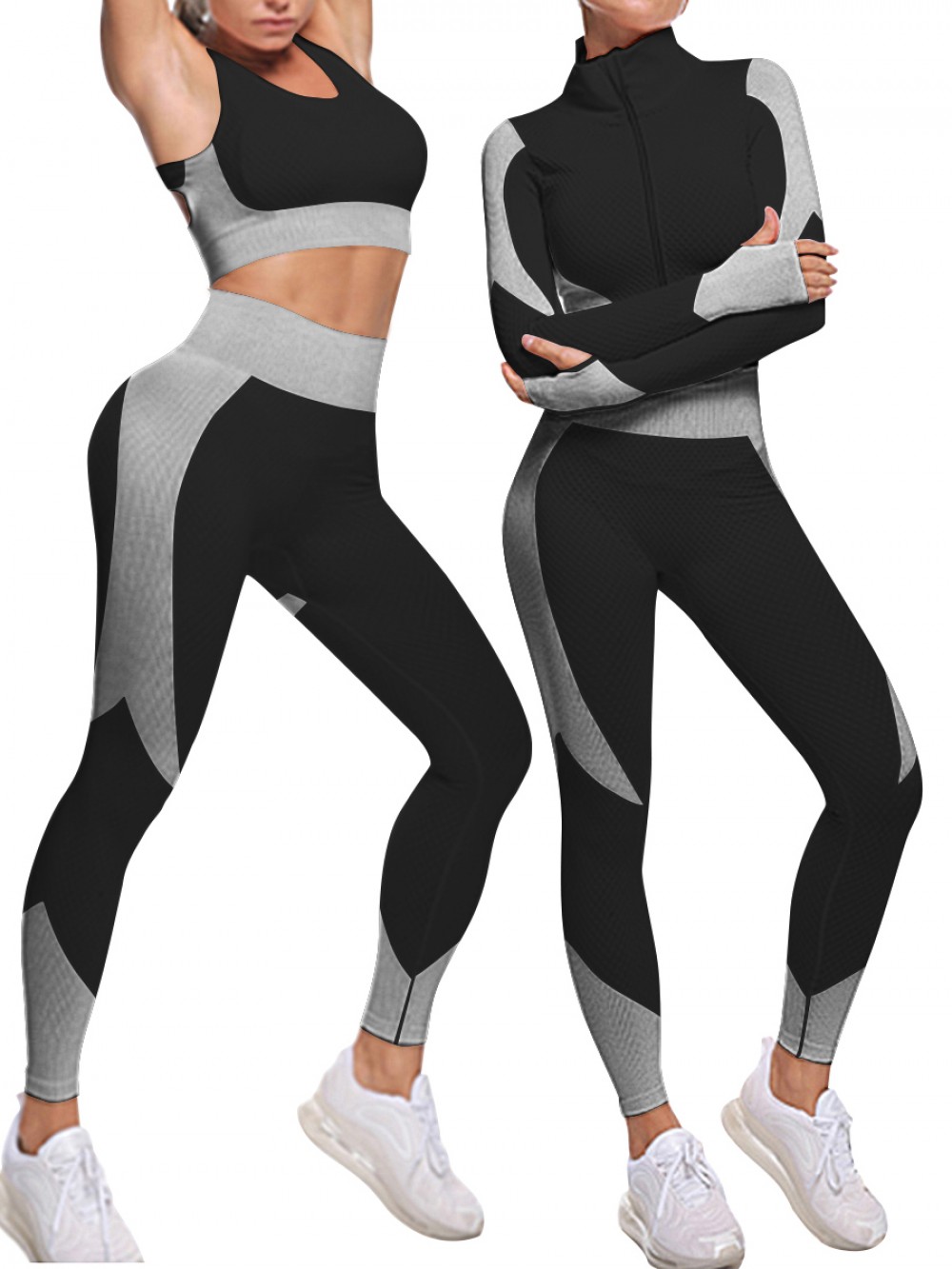 White Wide Waistband Contrast Color 3 Pcs Sweat Suit For Walking
