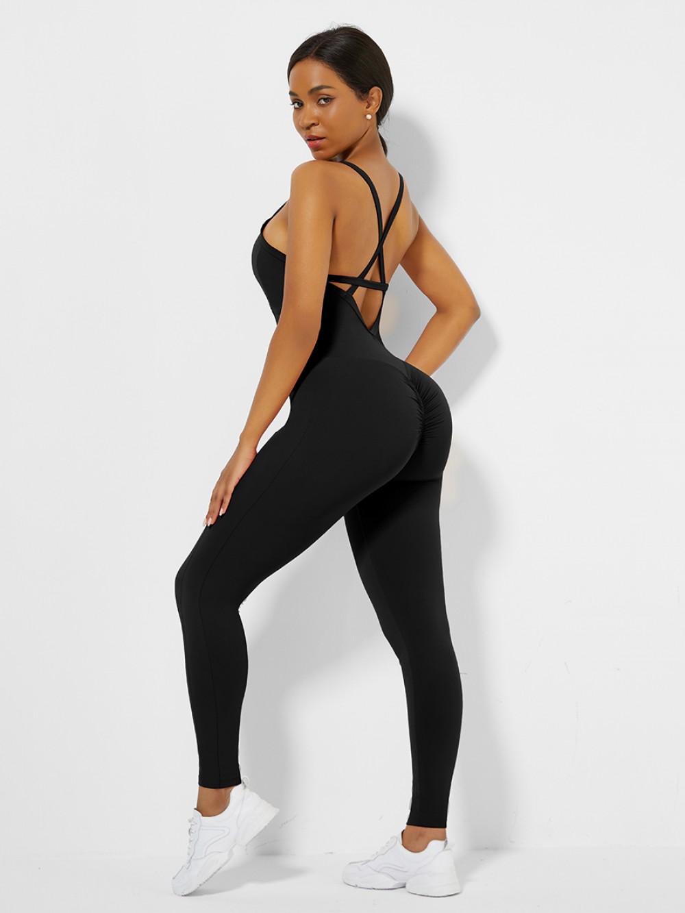 Black Strappy Back Removable Pads Yoga Bodysuit Quick Drying
