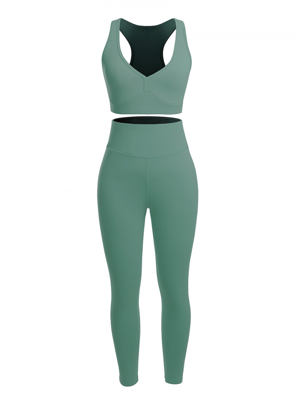 Green Deep-V Ankle Length Gym Leggings And Top Set Workout Activewear