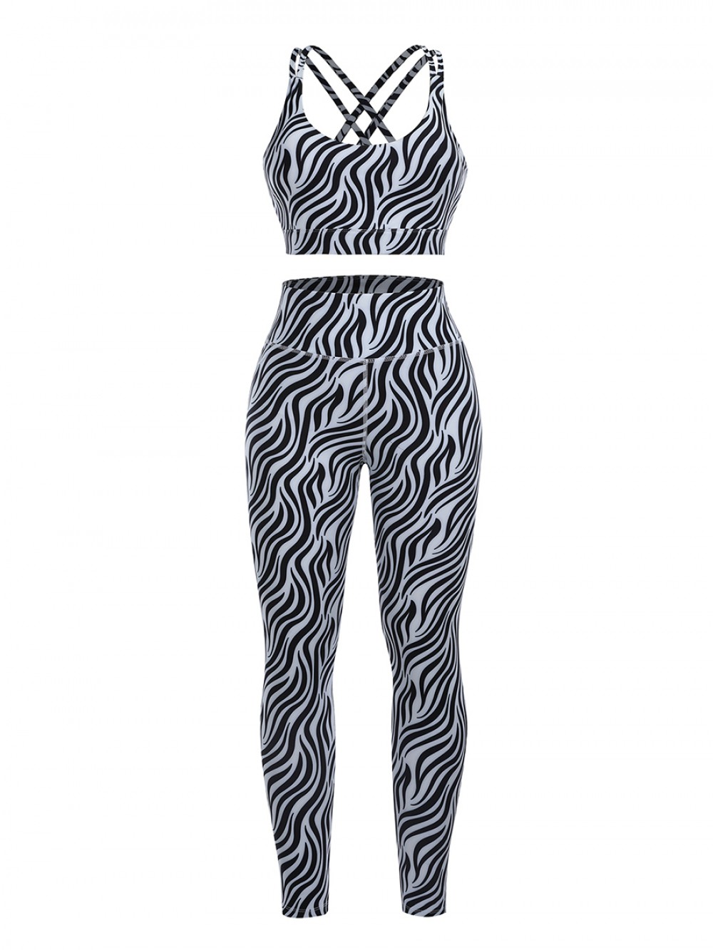 Zebra Print Black Yoga Outfit High Waist Strap For Training