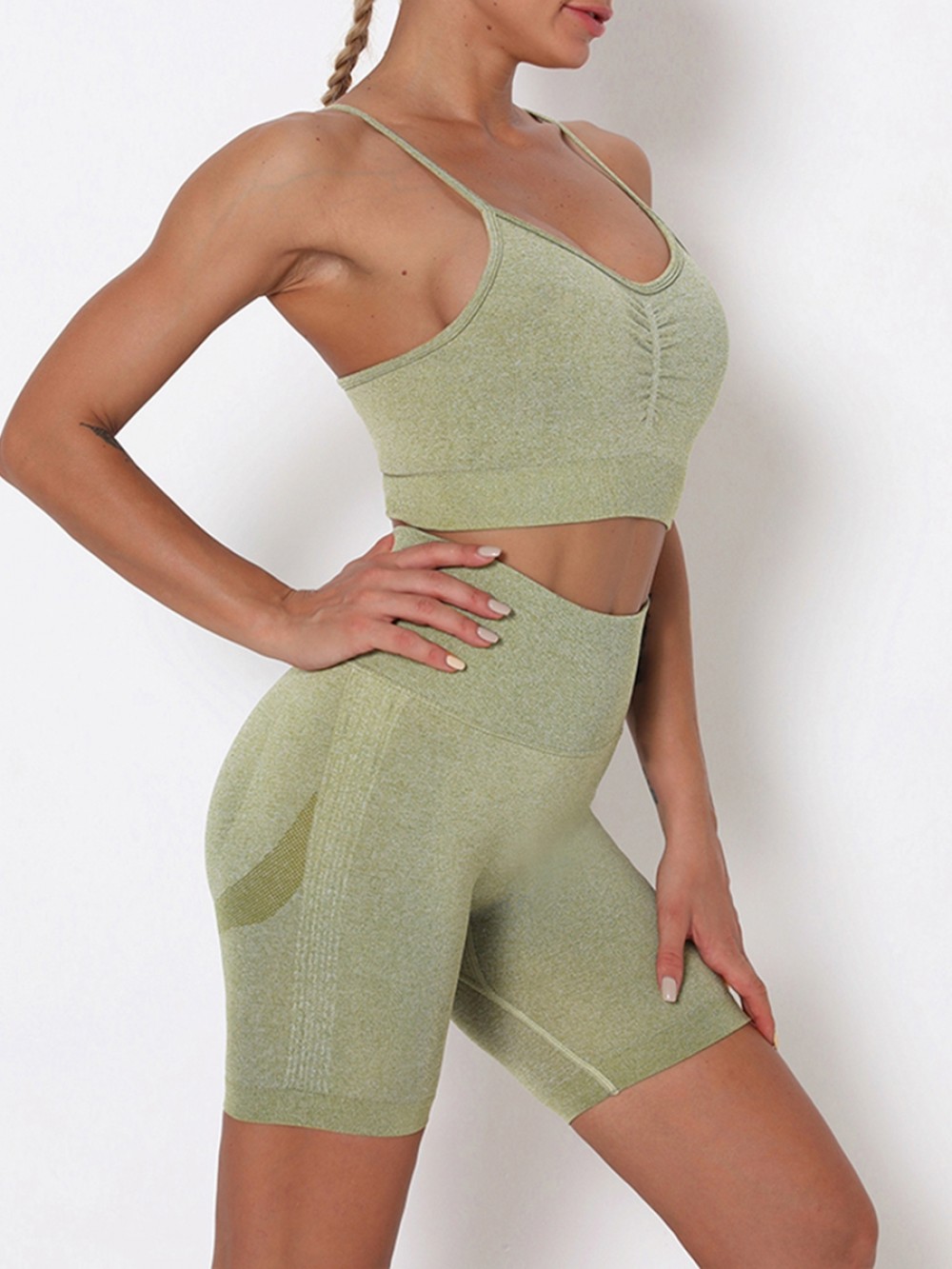 Army Green Thigh Length Seamless Ruched Yoga Suit Running Apparel