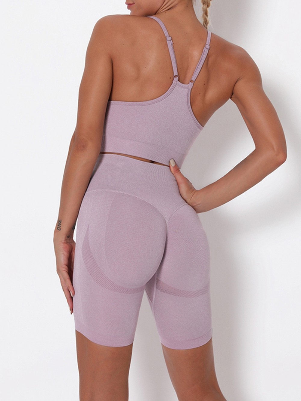 Light Purple Wide Waistband Adjustable Strap Sports Suit Tight