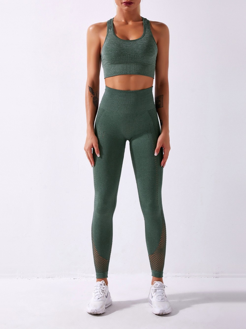 Blackish Green Wide Straps Yoga Bra Seamless Legging Suit Woman