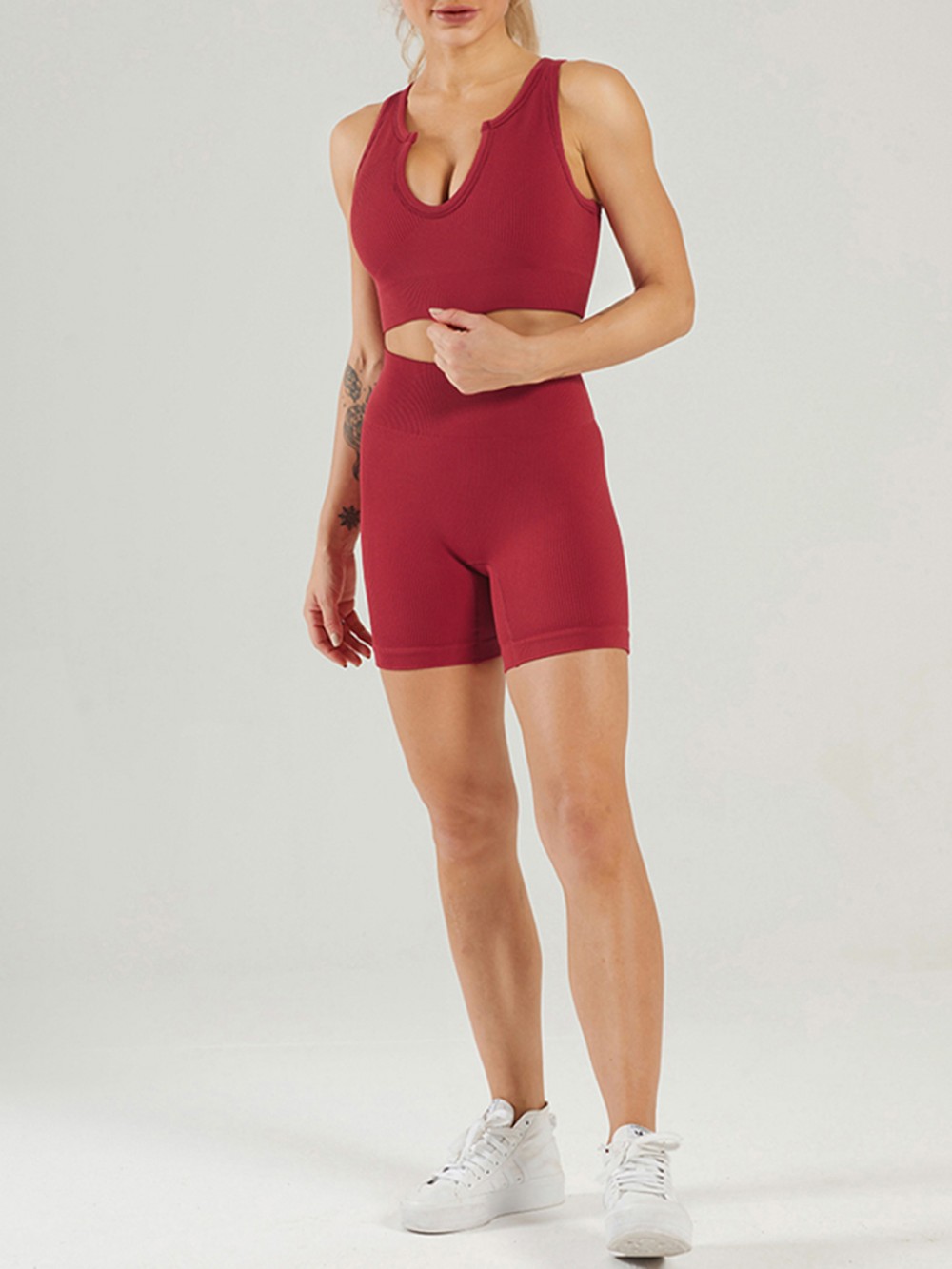 Wine Red High Waist Seamless Yoga Outfit Low-Cut Neck Breath