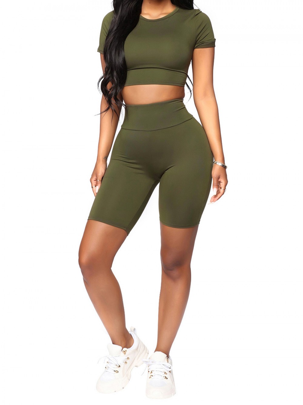 Chic Dark Green Short Sleeve Top Thigh Length Shorts For Lounging