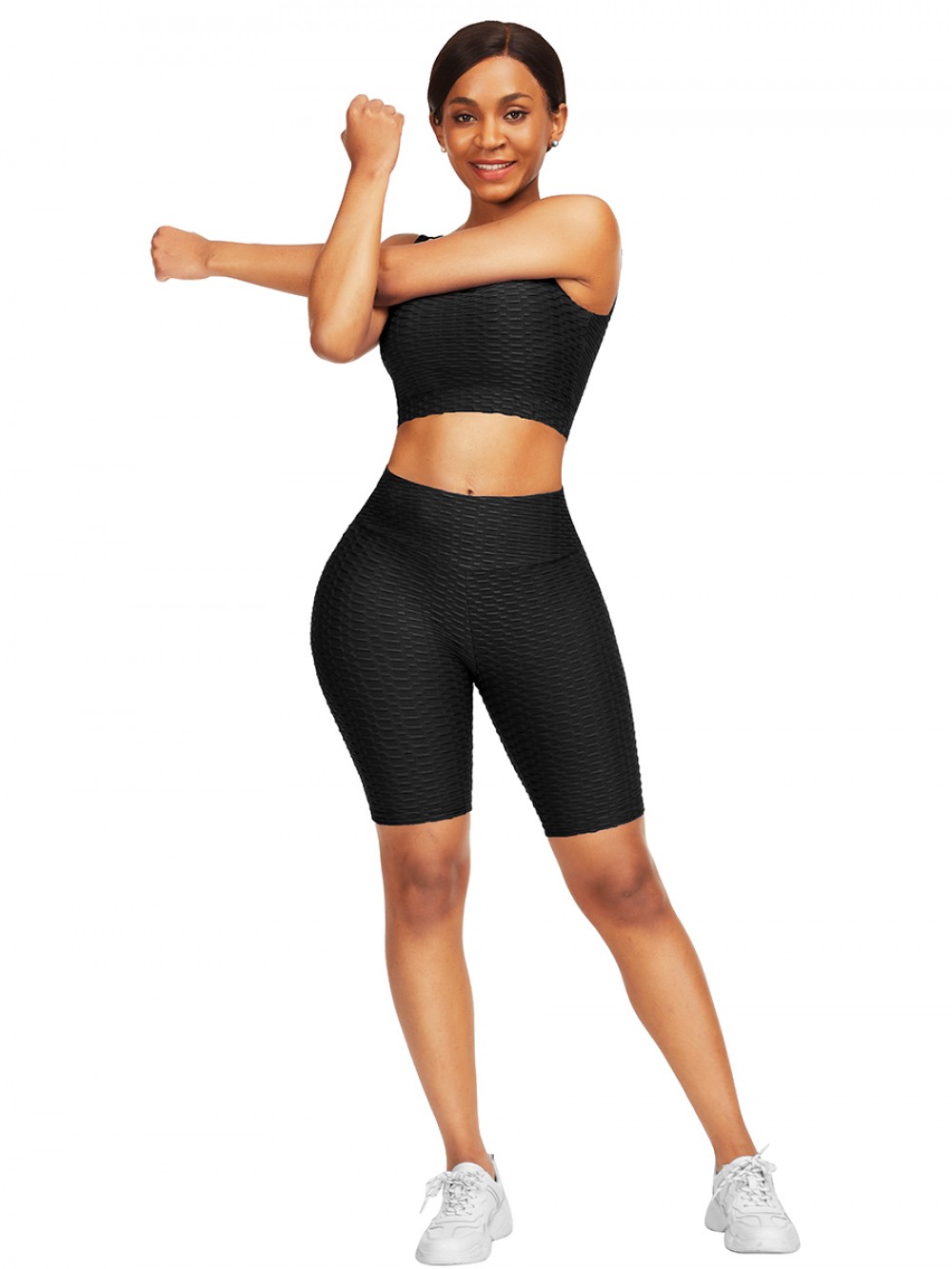 Elasticated Black Jacquard High Waist Crop Sports Suit For Work