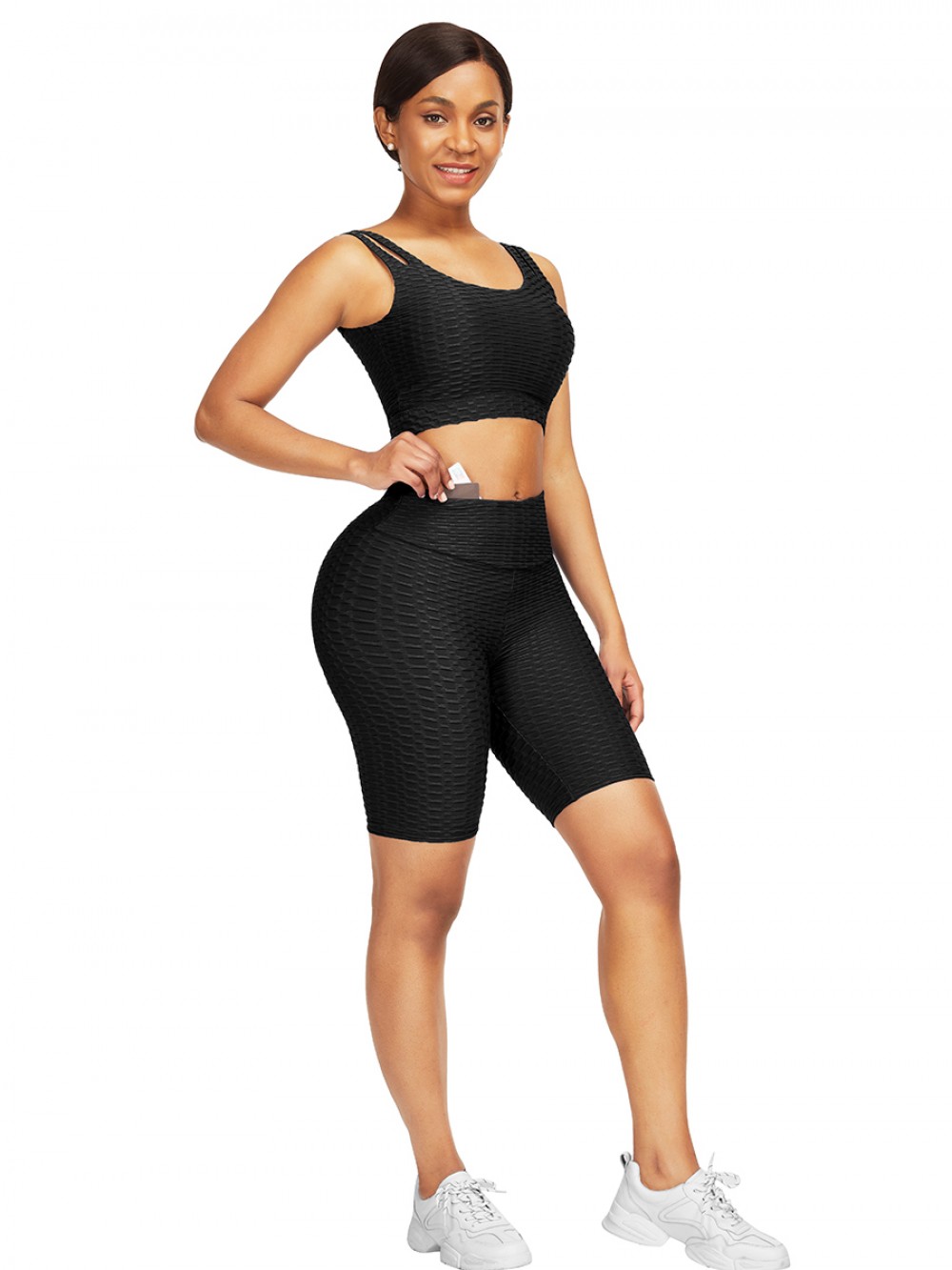 Elasticated Black Jacquard High Waist Crop Sports Suit For Work