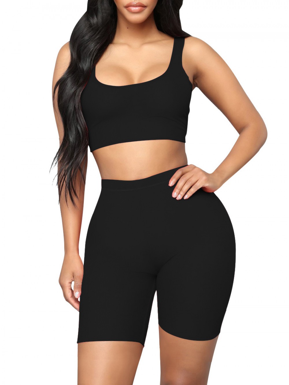 Interesting Black Training Suits High Waist Scoop Neck Breathable