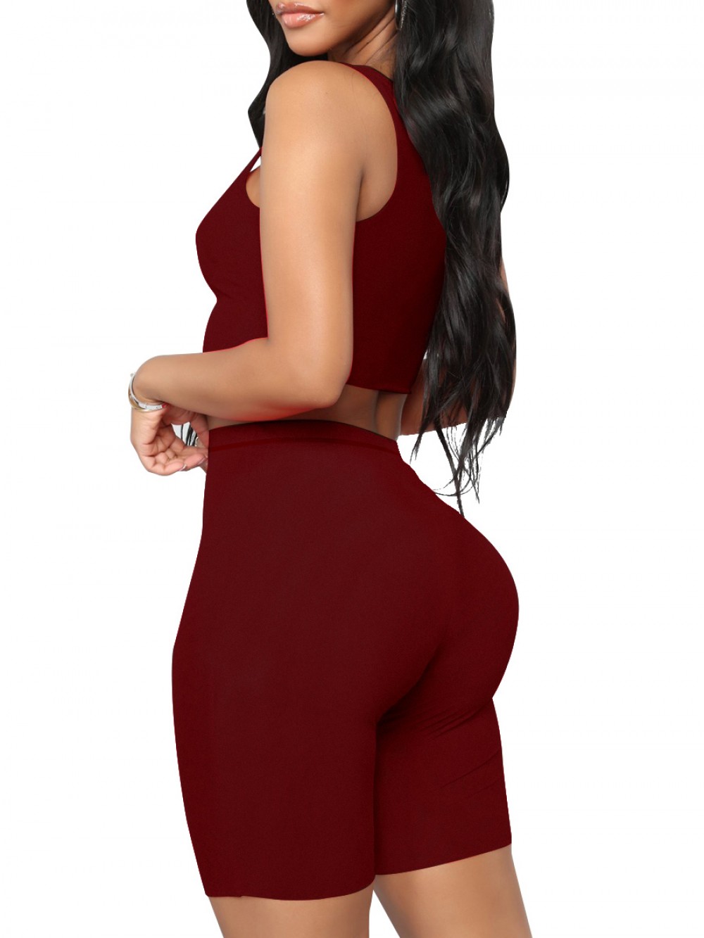 Splendor Wine Red Crop Suit Sleeves Solid Color Female