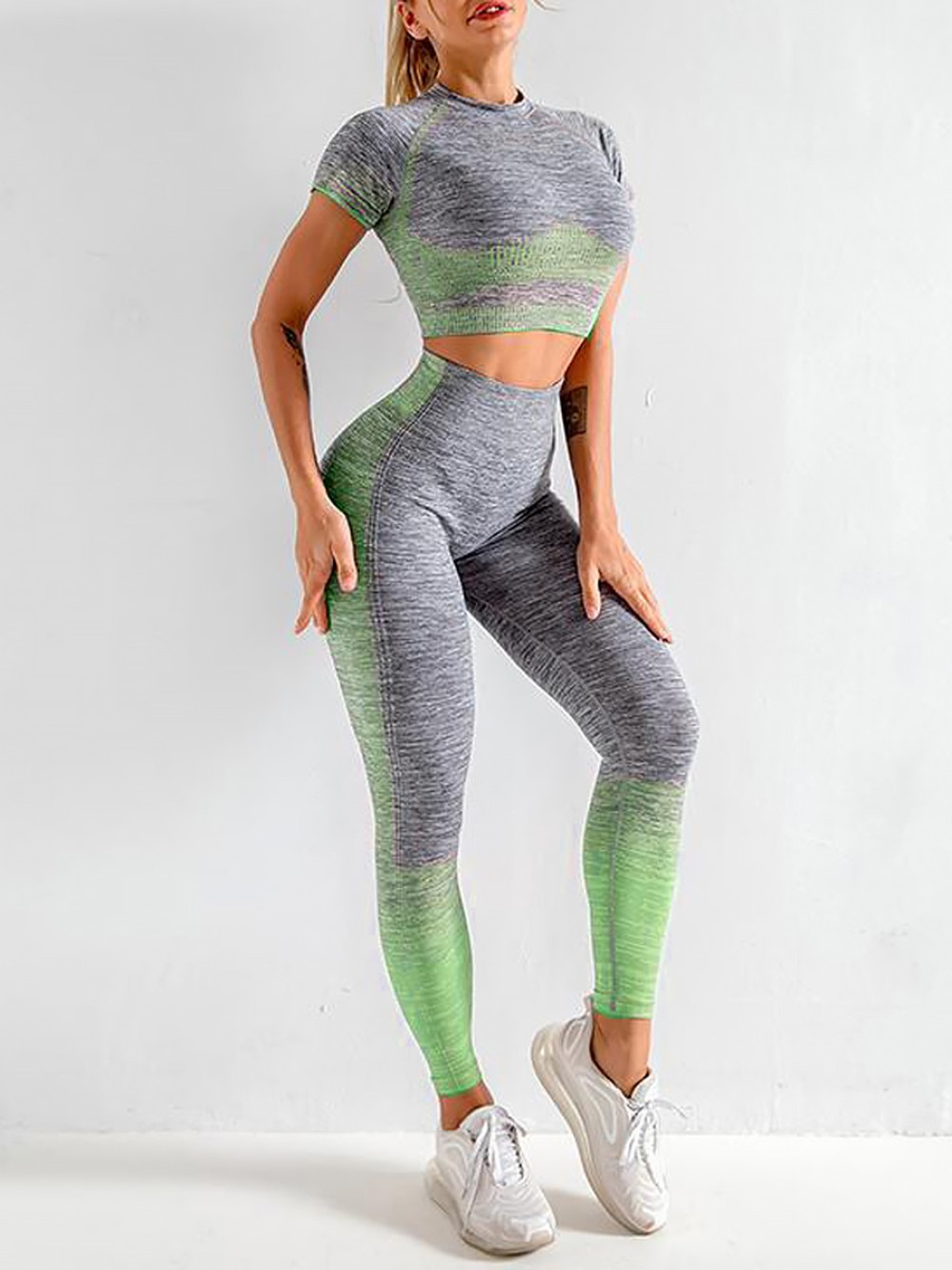 Exquisite Green Crop Top Seamless High Waist Pants Athletic Apparel