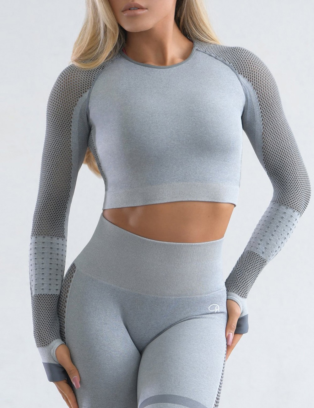 Fashionable Light Blue Long Sleeve Crew Neck Sport Crop Top For Female