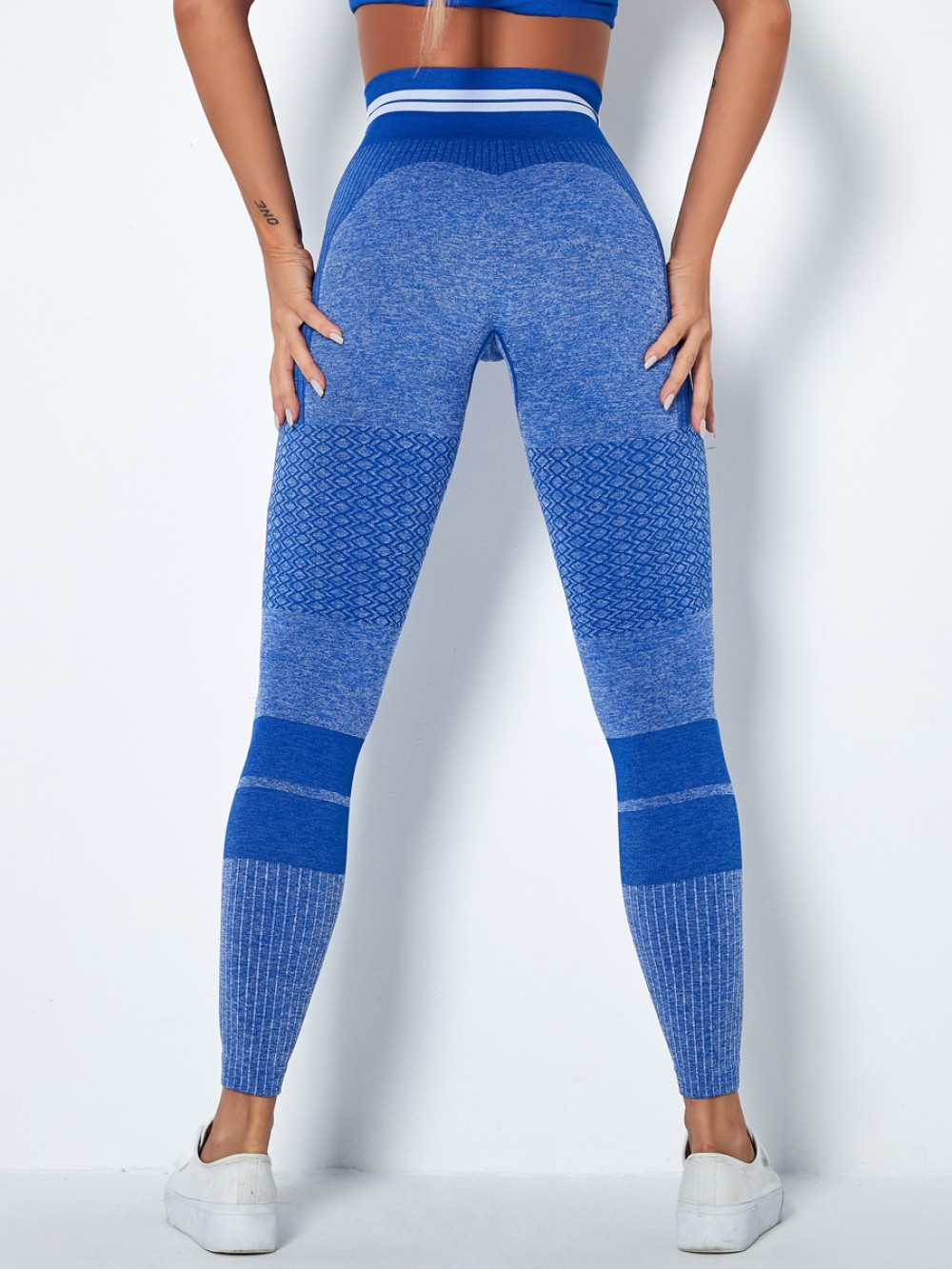 Fitted Blue Wide Waistband Full Length Sports Leggings Athletic Comfort