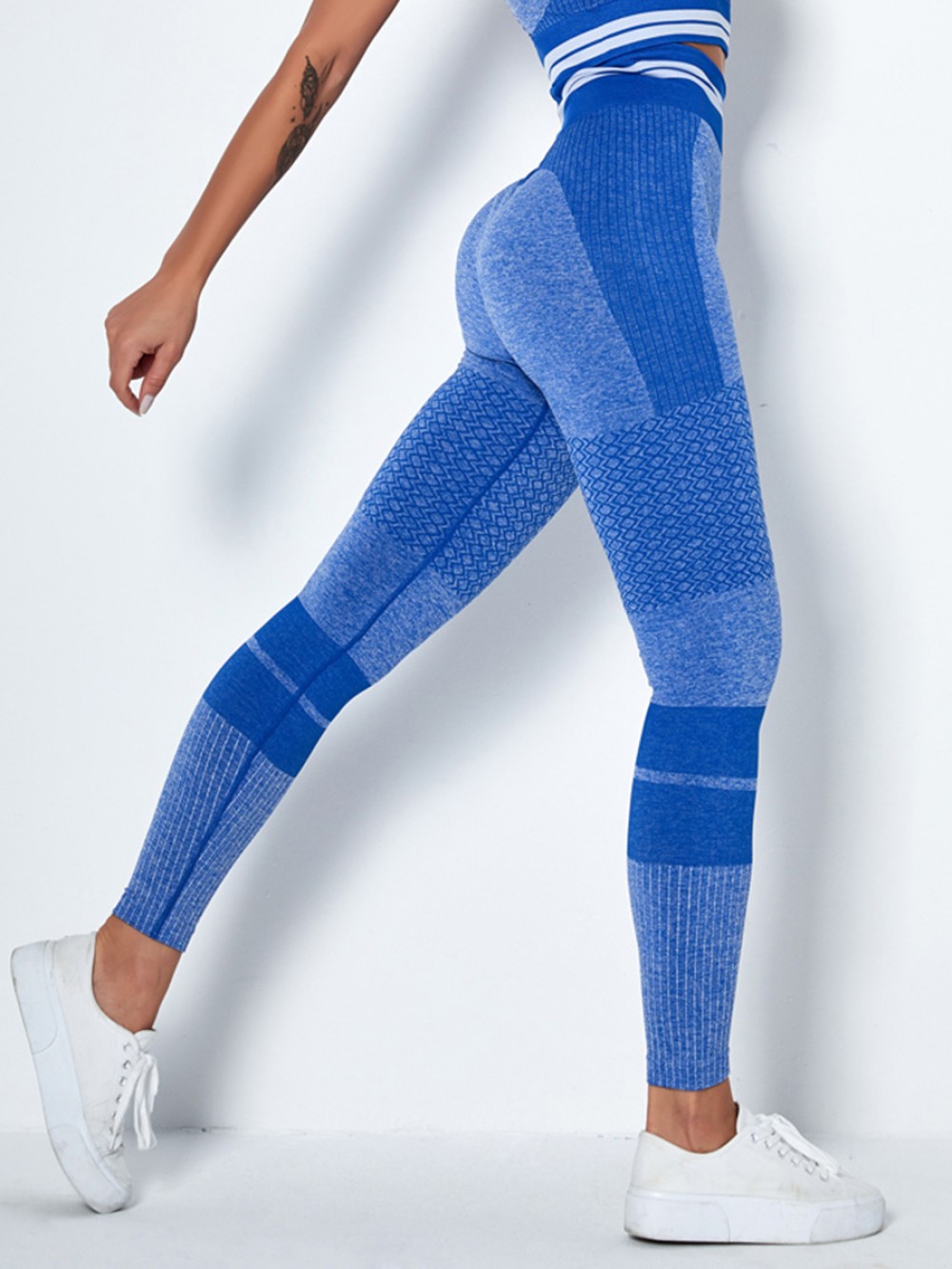 Fitted Blue Wide Waistband Full Length Sports Leggings Athletic Comfort
