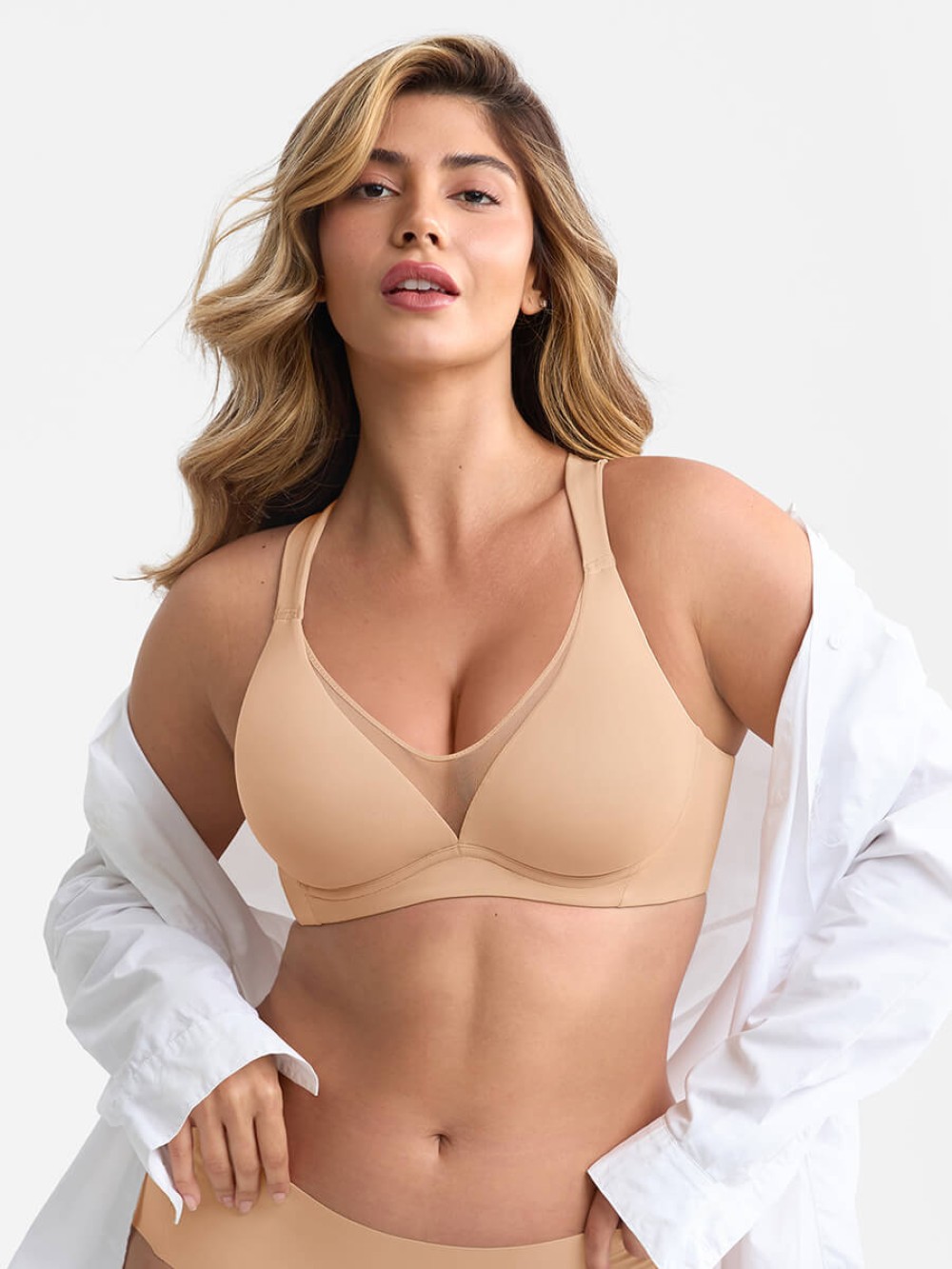 Unlined Minimizer Comfort Bra Full Coverage Underwire Sheer Mesh Plunge