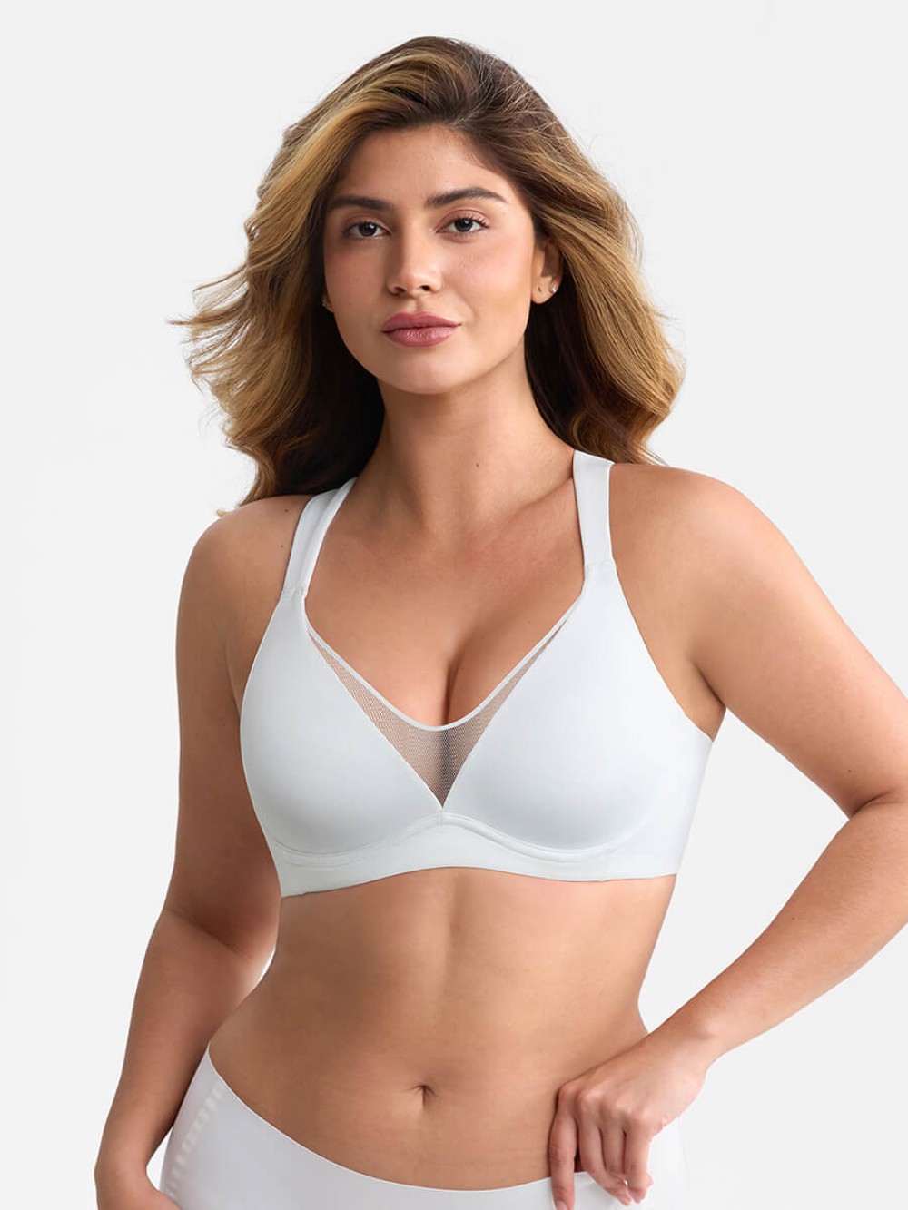 Wide Side Smoothing Minimizer Bra Unlined Underwire Sheer Mesh Plunge