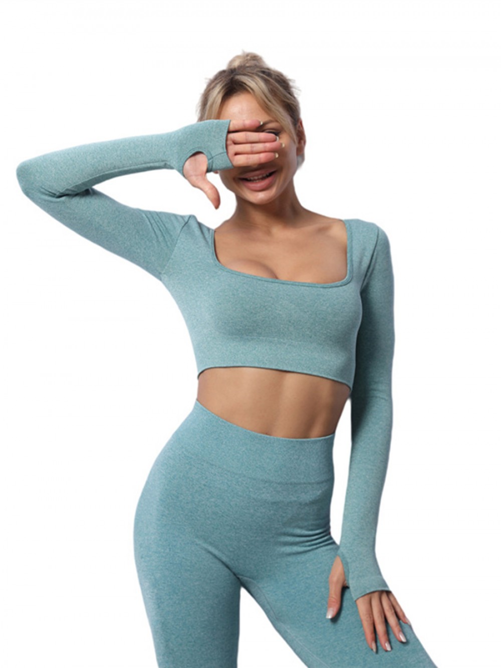 New Elasticity Knit High Waist Yoga Pants And Long Sleeve Activewear Set
