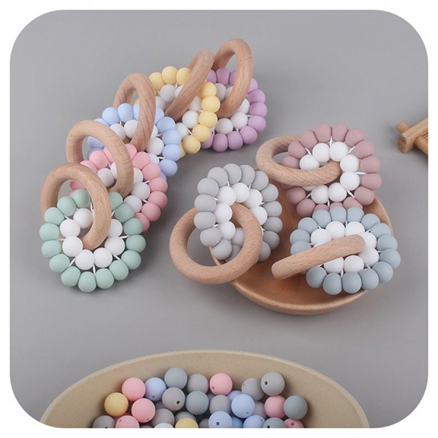 Hot Silicone Bead Beechwood Teether Ring