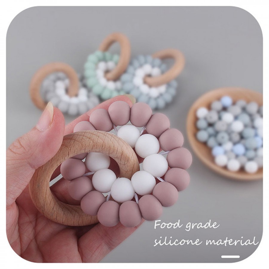 Hot Silicone Bead Beechwood Teether Ring