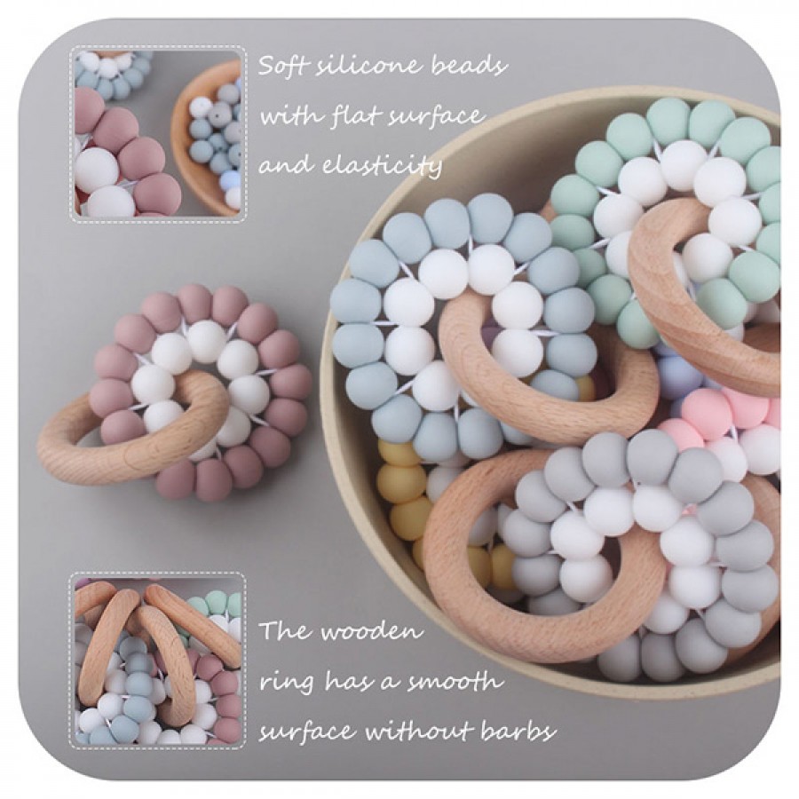 Hot Silicone Bead Beechwood Teether Ring