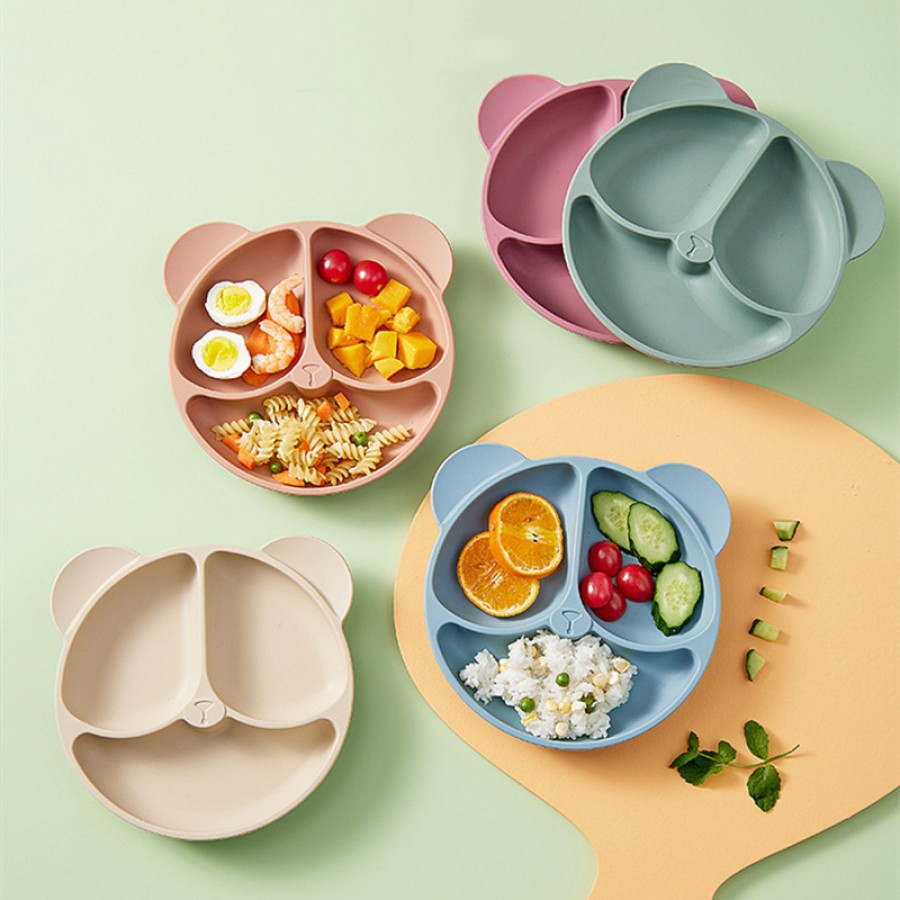 Bear-shaped three-compartment baby silicone bowl