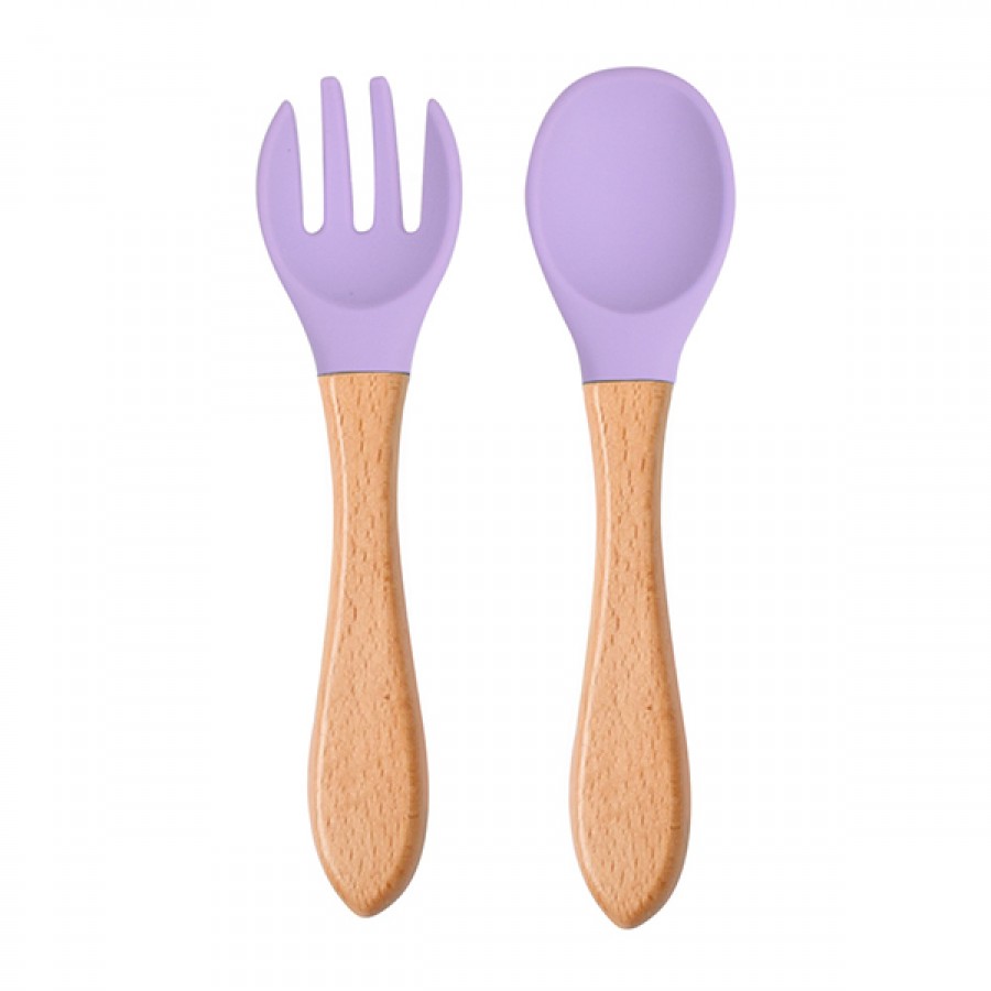 Silicone wooden feeding spoon fork set