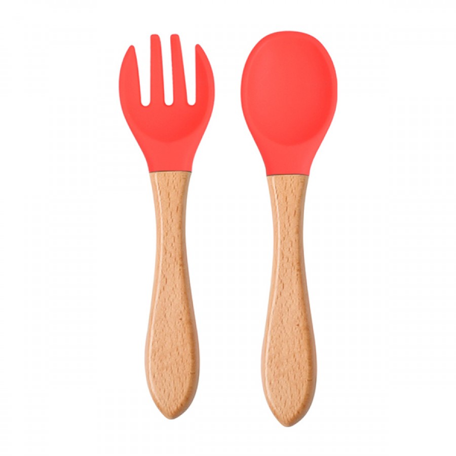 Silicone wooden feeding spoon fork set