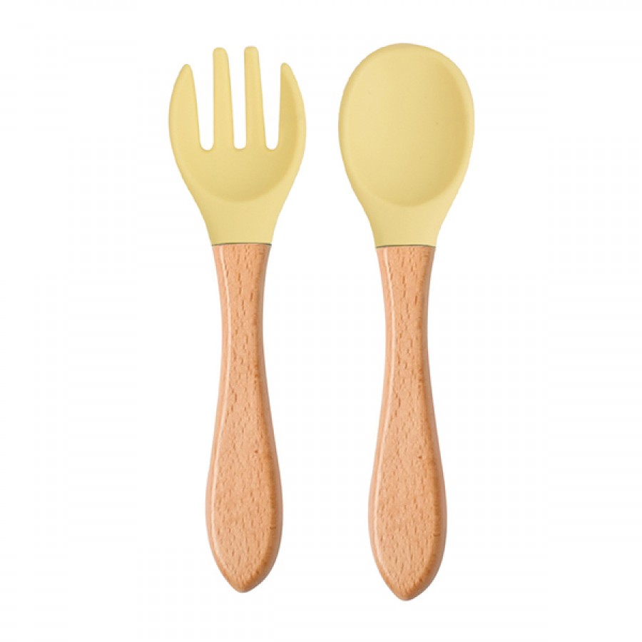 Silicone wooden feeding spoon fork set