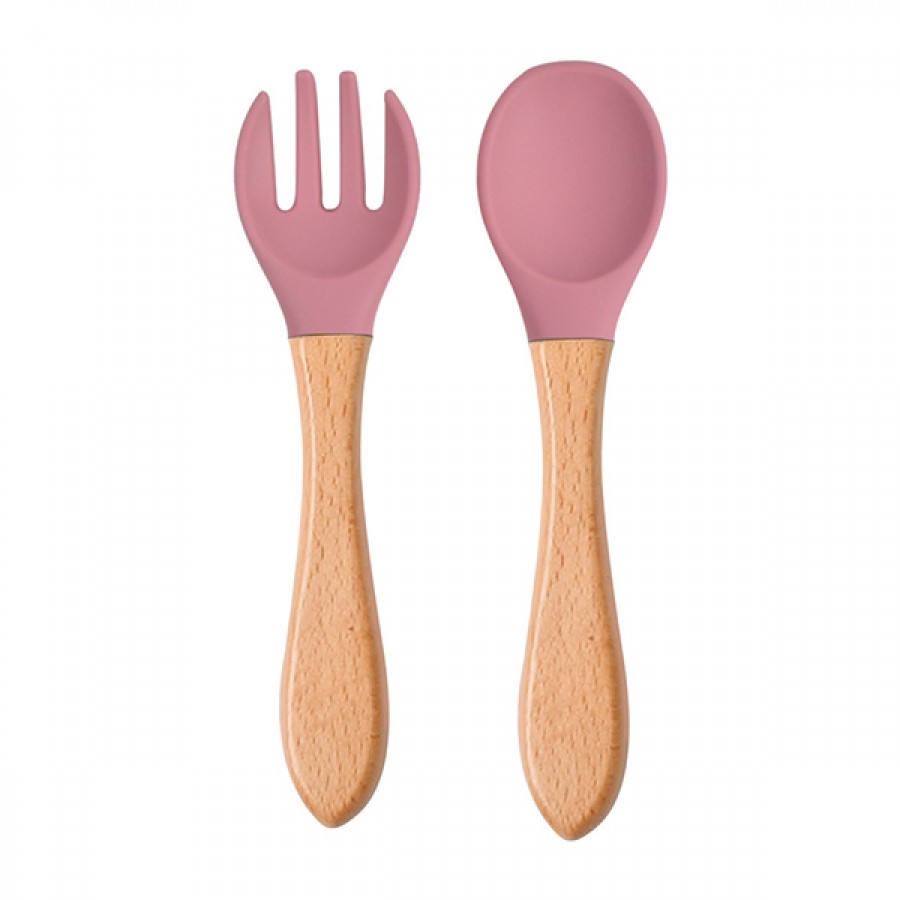 Silicone wooden feeding spoon fork set