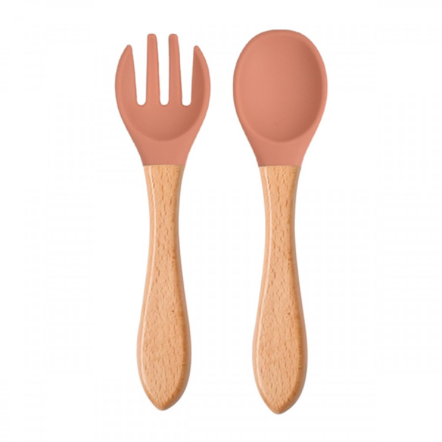 Silicone wooden feeding spoon fork set