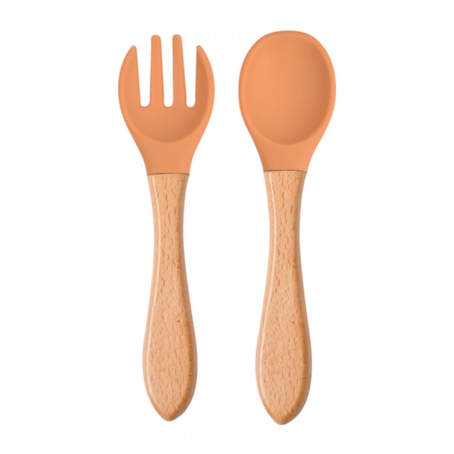 Silicone wooden feeding spoon fork set