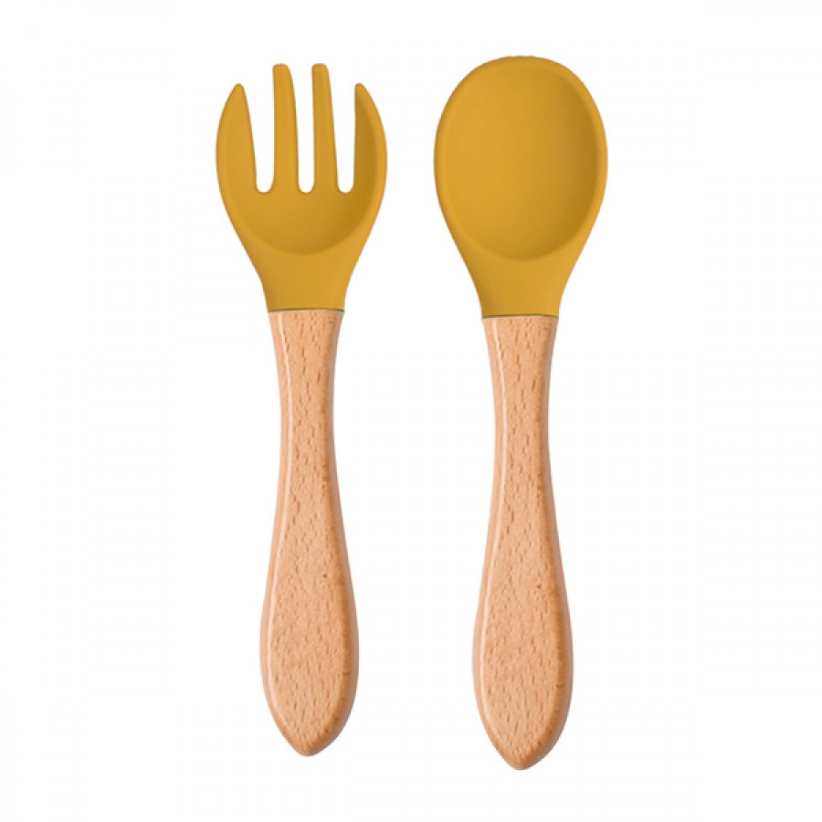 Silicone wooden feeding spoon fork set