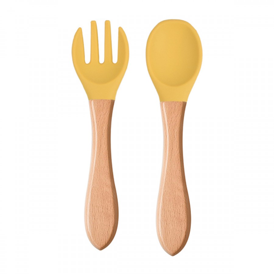 Silicone wooden feeding spoon fork set