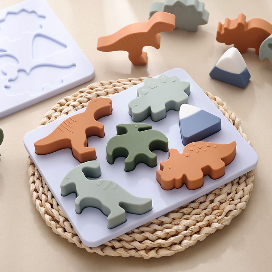 Colourful dinosaur-themed baby silicone stacking toy blocks