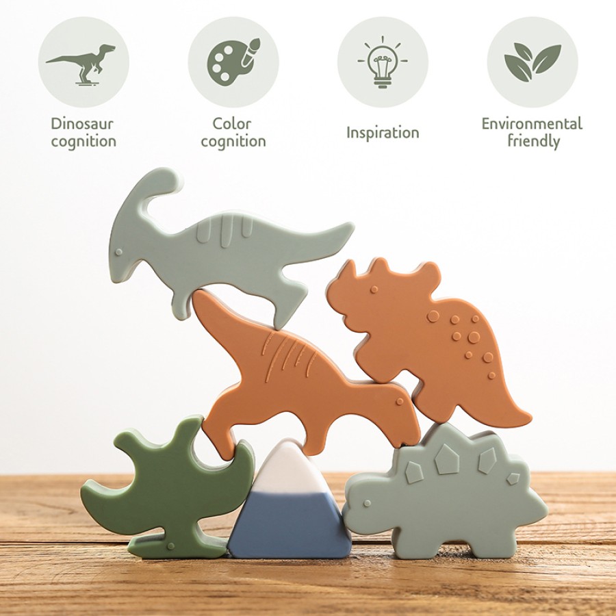 Colourful dinosaur-themed baby silicone stacking toy blocks